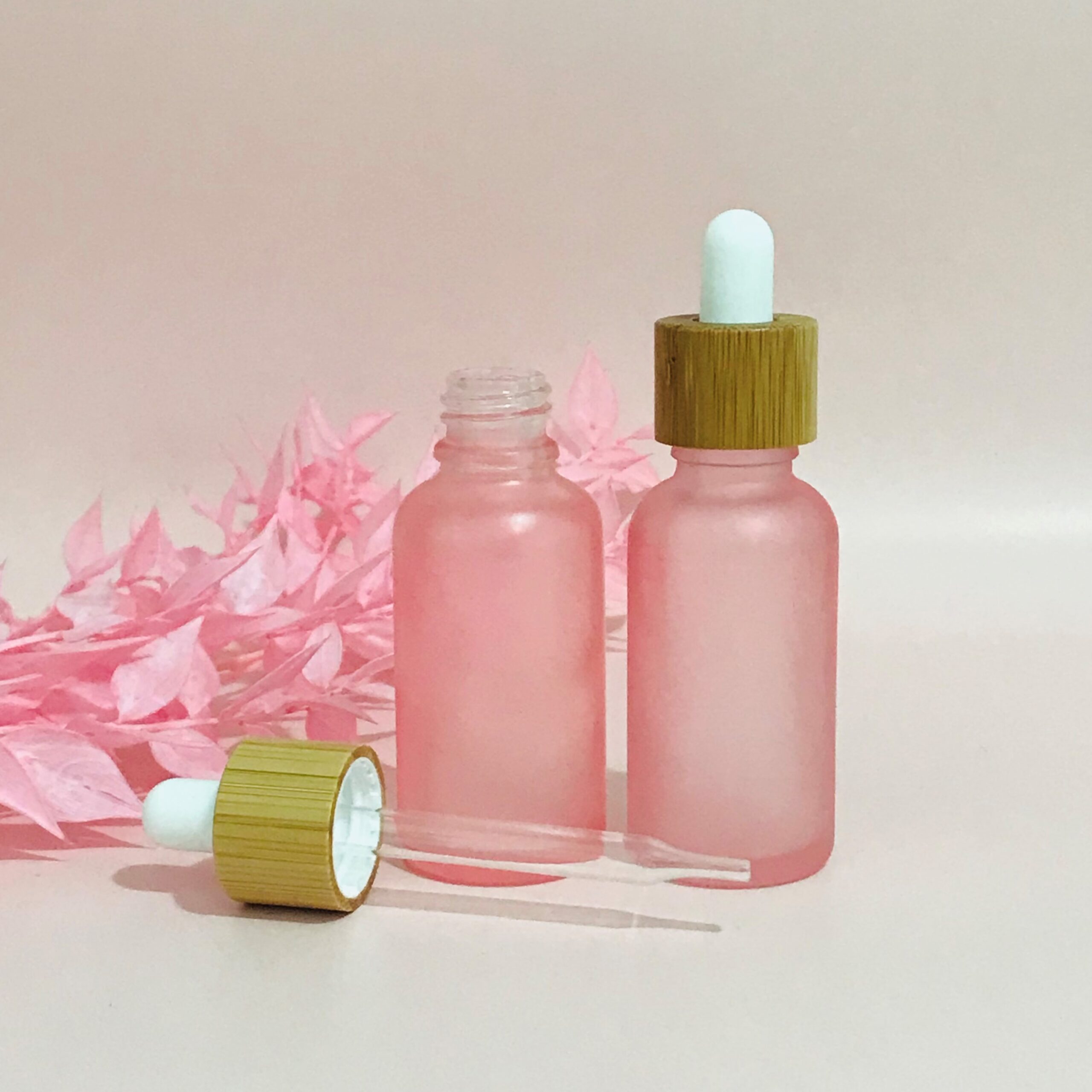 30ml Frosted Blush Pink Glass Dropper Bottle Bamboo Cap Anita S Oil Essentials