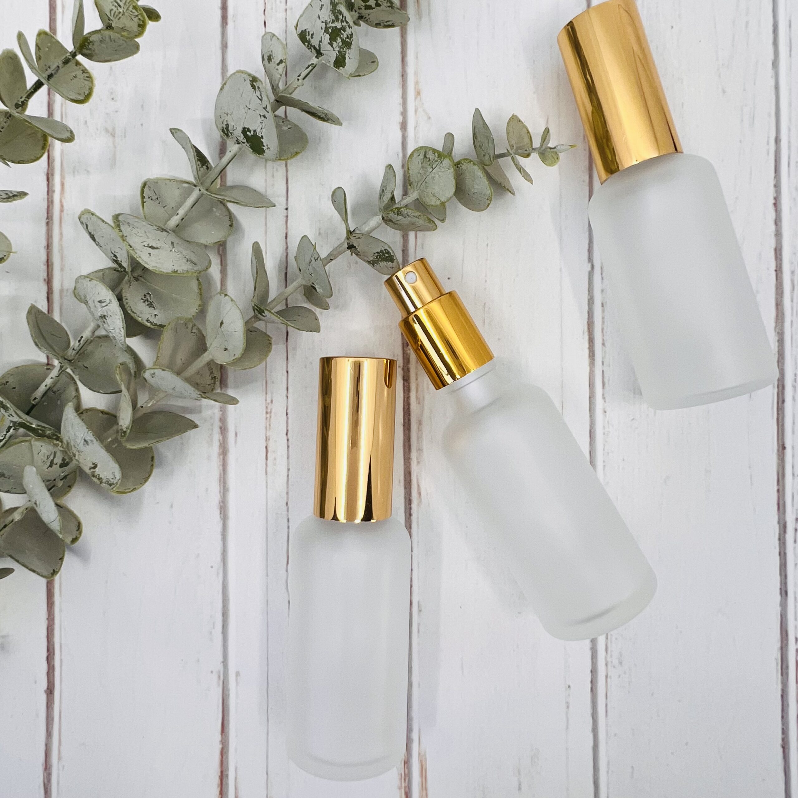 Perfume Bottle, Clear Glass, Gold Aluminium Top